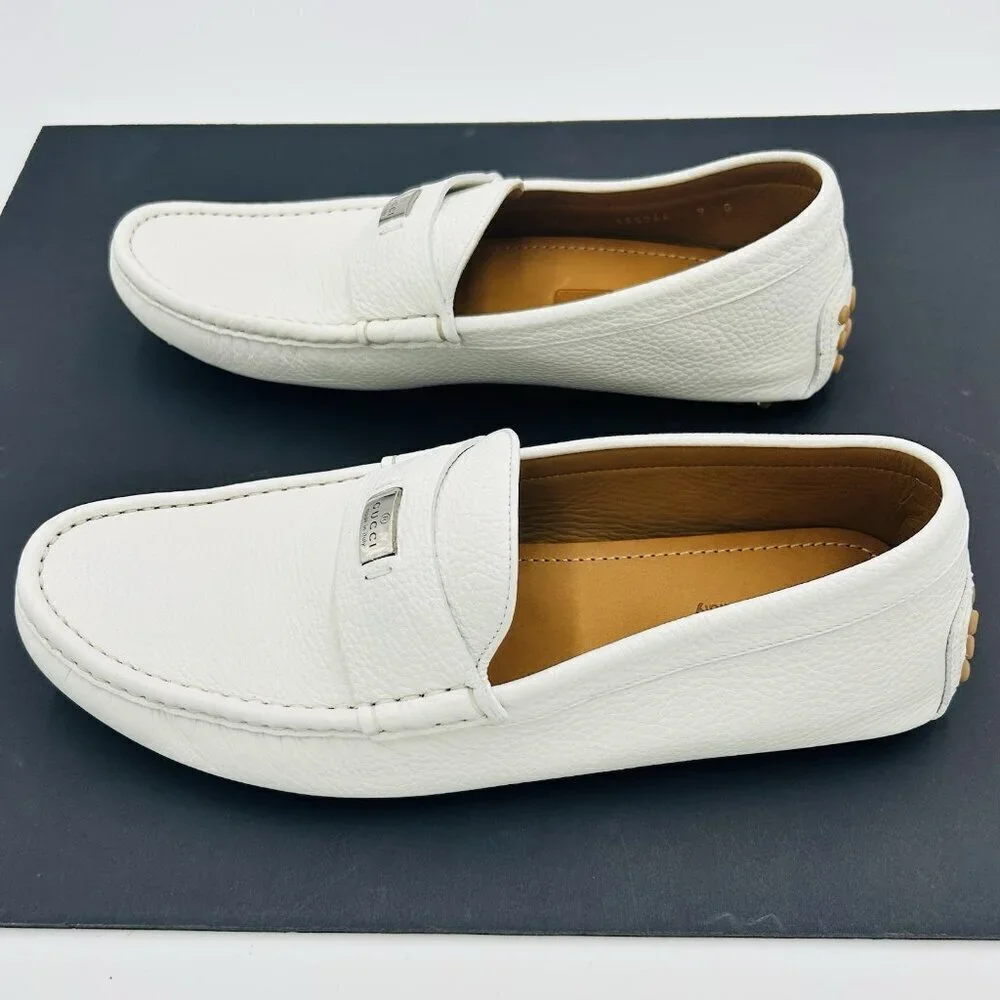 Gucci Men's White Scotch Grain Leather Driving Shoes Size US 9.5 G 9 EUR 43 NEW - Picture 6 of 14